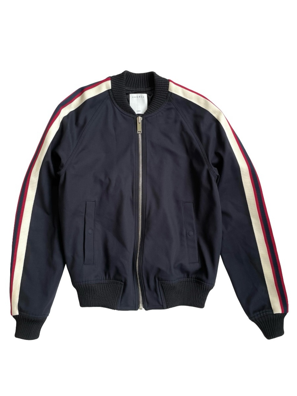 Sandro Paris Navy Blue Striped Sleeve Bomber Jacket, Size Small